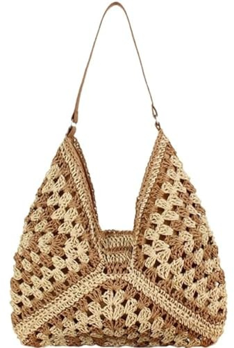 YingStar Bolso Bandolera Grande de Rafia y Paja Para Mujer - Tote Bag Tejido Crochet Bohemio Para Playa, Viaje, Fiesta y Vacaciones de Verano