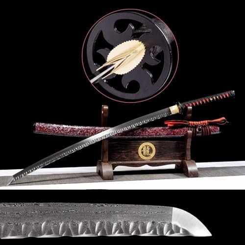 【Schönheit der Kalter Waffen】104cm Samuraischwert mit eisernem Handschutz,Musterstahl Klinge mit handgehämmertem Muster,handgefertigtes Katana für Geschenke,Sammeln,Ausstellen,Kampfsport,Weihnachten