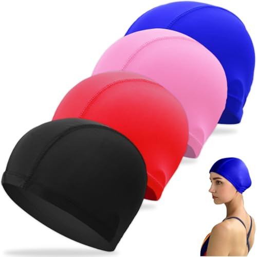 BLPRKOT 4 Stück Badekappe Unisex Badehaube Damen Bademütze Schwimmhaube Schwimmkappe Flexible Kappe Badehut für mädchen Lange Haare Herren Kinder Jungen (Schwarz, Blau, Rosa, Rot