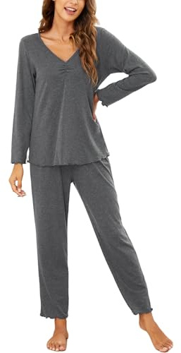 Ekouaer Schlafanzug Damen Lang Pyjama Set Kuschelig Nachtwäsche Zweiteiler Herbst Schlafanzüge Langarm Hausanzug Grau M
