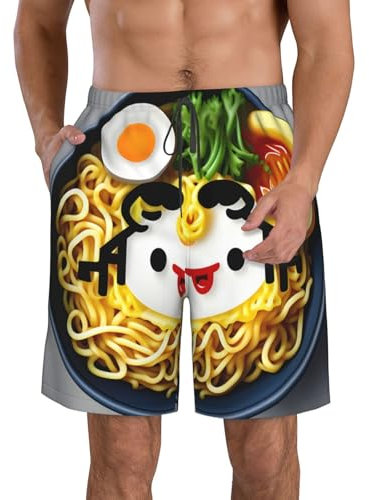 HGFVY Traje de baño para hombre, diseño de huevera, fideos y ramen, pantalones cortos de playa con cordón de secado rápido, Blanco, Medium