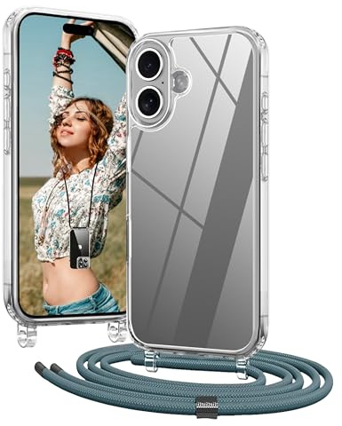 OLEPHY Handykette für iPhone 16 Hülle mit Band, Grün | Necklace Handyhülle, Transparente Schutzhülle zum Umhängen [Verstellbarem und Demontage Umhängeband],