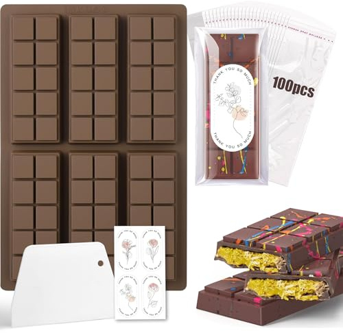 Diaxilu Schokoladenform Silikon, 6 Tafeln Tief Schokoladentafel Silikonform mit Schaber und Tasche und Aufkleber, Dubai Schokolade Form für Schokolade Praline Süßigkeiten - BPA-frei (Quadrat)