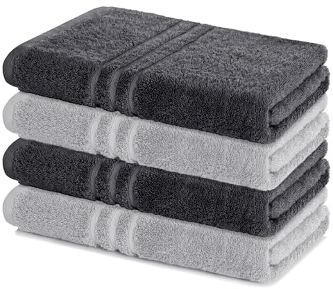 Lavea® Set med 4 Badhanddukar 70x140 cm 100% Bomull – Mjuka och Absorberande – Perfekta som Stora Badhanddukar, Badlakan eller Handdukar – Antracit & Silver
