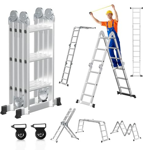 Joparri Échelle multifonction 4 x 3 360 cm 7 en 1 en aluminium avec 2 plateformes et 2 roues de transport jusqu'à 150 kg Échelle multifonction Échelle pliante Échelle multifonction