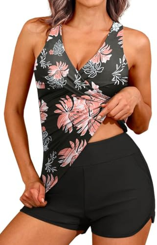 Yutdeng Tankini Mujer Traje de Baño 2 Piezas Bañador Push Up con Relleno Cuello V Bañadores Reductores con Bolsillos Bikini Pantalon Bañador Vientre Plano Tankinis de Mujer Ropa de Baño,Flor,XXL