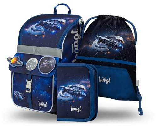 Baagl Schulranzen Mädchen Set 3 Teilig Zippy Grundschule 18 l - Space Ship | Ergonomischer Schulrucksack, Tornister und Schultasche für 1. Klasse mit Brustgurt bietet Platz für Mäppchen und Turnbeutel.