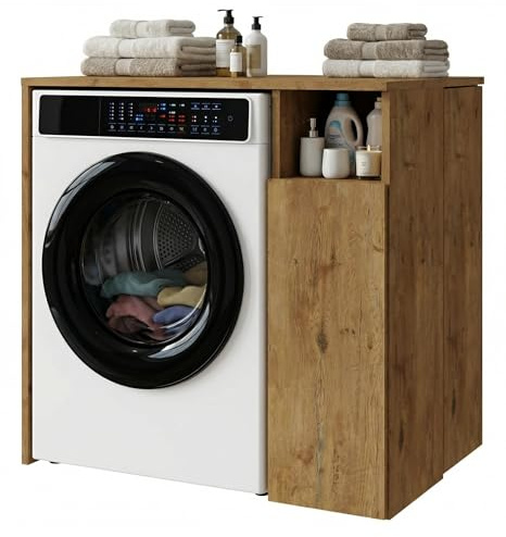 CraftPAK Waschmaschinenschrank geeignet für Waschmaschine & Wäschetrockner mit Staufächern, Waschmaschinenschrank Überbauschrank Braun