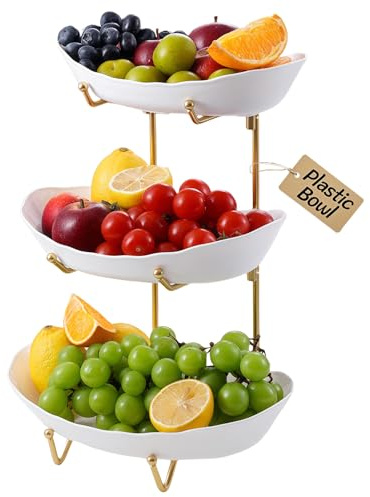 HOMKULA Fruit Bowl for Kitchen Counter - 3 Tier Fruit Basket with Metal Stand, Tiered Fruit Stand for Countertop, Snack, Nuts, Cake, Dessert, Small & Cute (Kid-Friendly Plastic, Gold)
