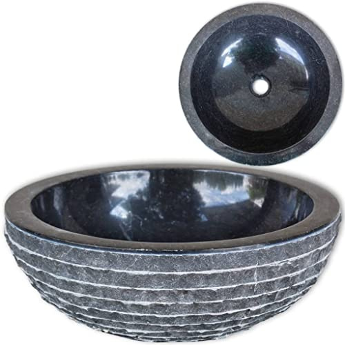 Lavabo da Bagno Rotondo in Marmo Nero, Design Elegante con Finitura Naturale, Lavandino per Bagno Moderno o Rustico, Diametro 40 cm
