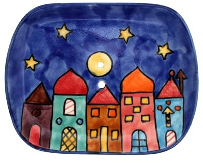 Handbemalte Keramik-Seifenschale mit Nachtstadt-Motiv, Blau mit Bunten Häusern und Sternen