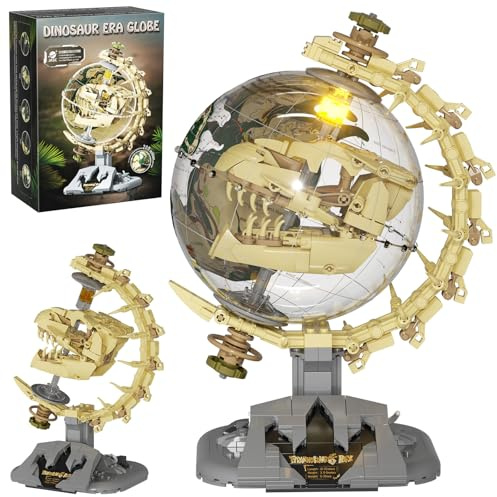 SHAREHB Dinosaur Skull Fossils Globe Building Set,360° Rotatable Globe Display Model with LED Light,STEM Skeleton Model Educational Toy, Gifts for Boys and Girls Ages 14+