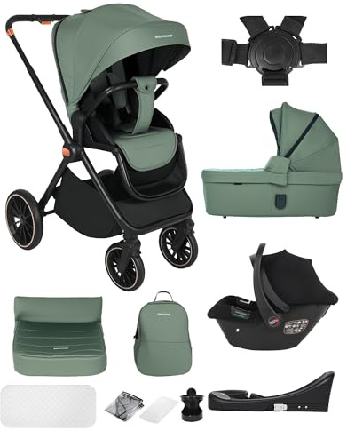 Carrito bebe 4 en 1,Carro bebe con empuje reversible de dos vías 0-48 meses Hasta 26 kg, sistemas de viaje, Ruedas grandes Todoterreno 360°, silla de paseo, plegable con un clic (verde)