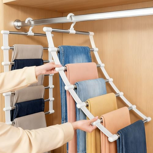 Acsatont 2 PièCes Cintre Pantalon Pliable, 6 éTages en Acier Inoxydable, Cintre Gain de Place pour Armoire pour Pantalons, Ceintures, Foulards, Serviettes, Draps