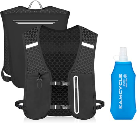 KAMCYCLE Trinkrucksack mit mit 500ML weiche Flasche, Laufweste, Hydration Pack,Fahrradrucksack Klein, Ultraleichter Laufrucksack für Marathons, Laufen, Radfahren, Wandern, Reflektierend, Schwarz,