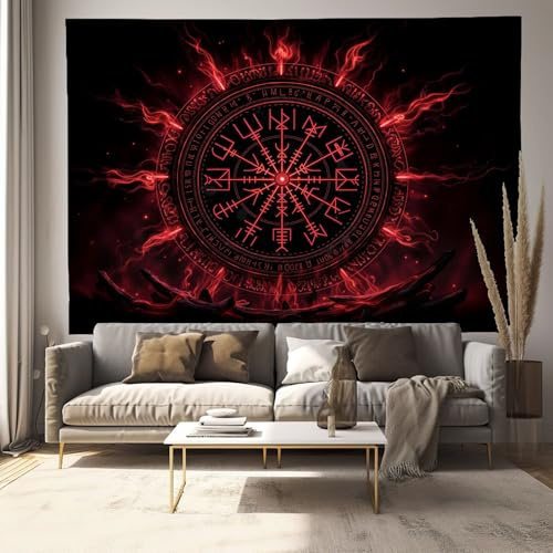DLERFLOVR Arazzo Mitologia Vichinga 150x130 cm Arazzo da Parete Grande Rune Vichinghe Appeso da Parete in Tessuto Decorazione Murale per Soggiorno Camera da Letto Soffitto, Rosso Scuro
