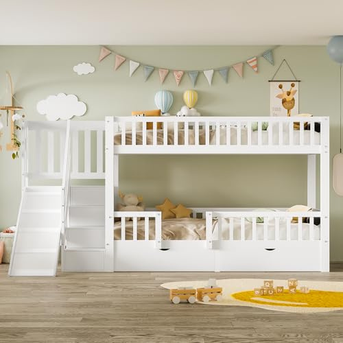 Arhatreya Kinderbett 90x200 cm, Etagenbett mit Rutsche Treppen | Ohne Matratze, Holzbett mit 2 Schubladen, Stockbett mit magnetischer Tür, Bett für kinder Jugendliche Weiß
