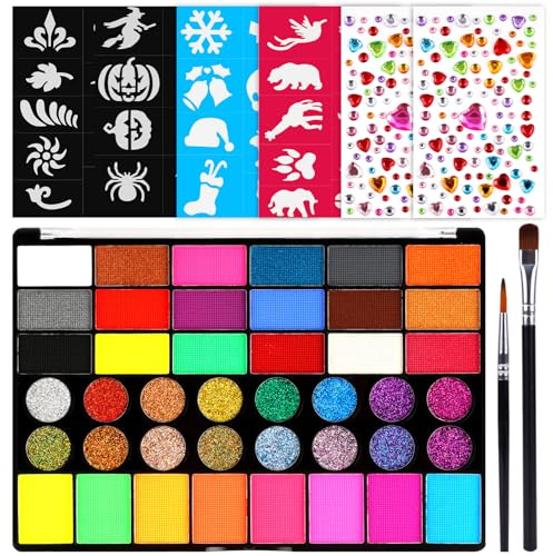 Alaoo Ansiktsfärg, 42 färger vattenbaserade giftfria ansiktsfärgskit innehåller 4 schabloner, 2 borstar, ädelstenar, festmakeup-set för halloween jul cosplay karneval