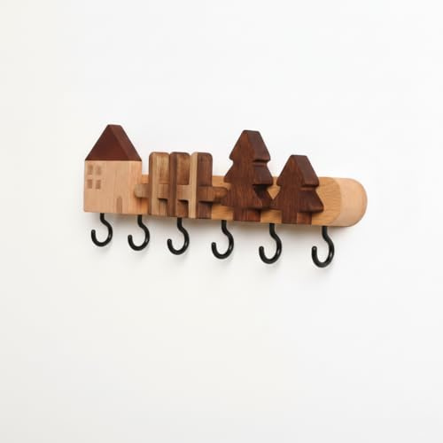 Colitchi Schlüsselbrett Holz mit 6 Haken – Modernes Schlüsselboard ohne Bohren – Schlüsselhalter aus Buche & Walnuss – Schlüsselablage Deko für Flur