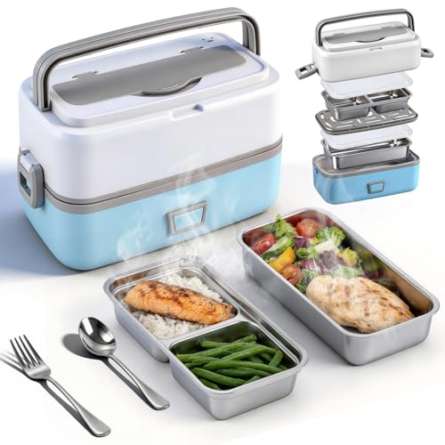 Senprity 100W Elektrische Lunchbox,1.2LTragbare Beheizte Lunchbox mit 2 Abnehmbaren 304 Edelstahl Behältern, Auslaufsicherer, Elektrische Essensbox Inklusive Edelstahl Gabel & Löffel für Büro Haus