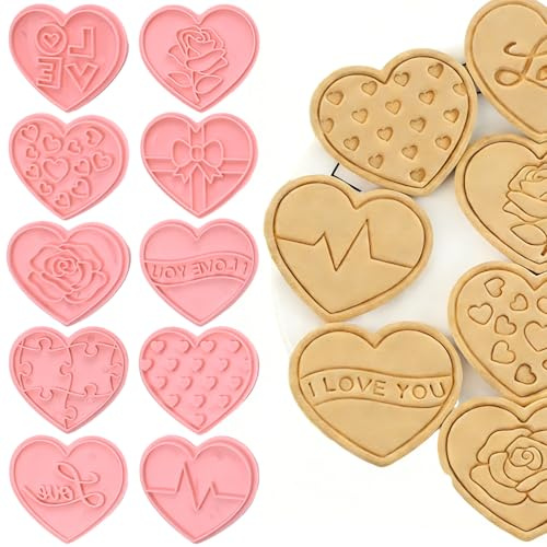 TIHNY Juego de 10 Cortadores de Galletas de San Valentín, Cortadores de Corazón 3D de Plástico PP con 10 Diseños (5,4x4 cm, Rosa) - Herramientas DIY para Decorar Tartas
