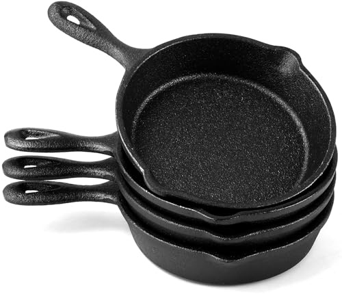Loppdece Lot de 4 mini poêles en fonte, 10,2 cm, petites, avec bec verseur, noires, avec poignée, pour œufs au plat, dessert, four et cuisinière