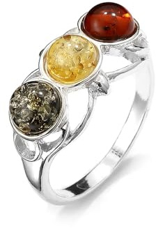 Sterling Silver Genuine Baltic Amber Three Stone Band Ring – Swirl Floral Design (7)