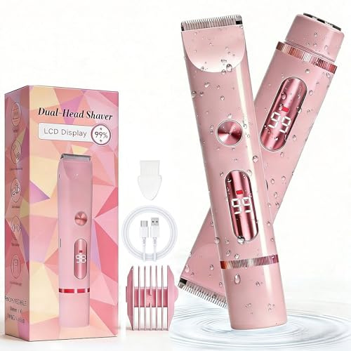Bamkmbe Afeitadora Eléctrica Mujer 2 en 1, cortapelos corporal para mujer, recortadora de bikini de doble cabeza, Afeitadora sin Cable para uso en Seco y en Mojado, Cuerpo Las Zonas íntimas (Rosa)