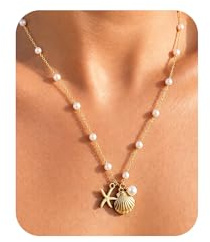 Muschelkette Damen Seesternkette Set 3 Teilig Mit Perlenkette 14K Vergoldet Edelstahl Halskette Wasserfest Non Tarnish Layering Kette Sommer Kette Strandschmuck Urlaubsschmuck Geschenk für Frauen