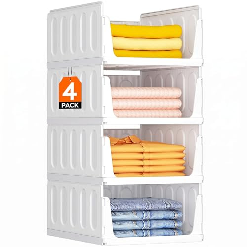 Lifewit Organizador de Armario Ropa, 4 Pack Baldas Apilables Interiores, Cajonera de Almacenaje para Camisetas y Pantalones, Contenedores Extensibles para Baño, Cocina y Camping, 23L, Blanco | Sistema de organización extensible de plástico para armario y estantes, para camisetas, cocina, autocaravana