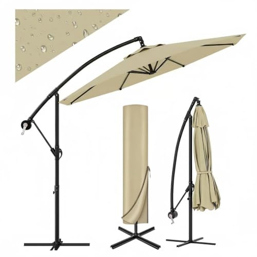 Garvee 3m Cantilever Parasol, Heavy Duty Garden Parasol with Base & Hand Crank, 360° Rotating Banana Patio Umbrella For Garden Dining Set, UV50+ Sun Shade For Patio Deck Outdoor, Khaki