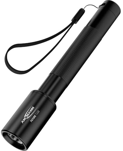 ANSMANN LED Taschenlampe in schwarz T150, Outdoor Leuchte mit hocheffizientem Reflektorsystem, 150 Lumen & Spritzwassergeschützt IP54, Ideal für Gassigehen, Wandern, Joggen, etc.