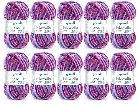 Gründl Wolle Filzwolle color 10 Knäuel 50 g, flieder-blau | Dicke Wolle zum Filzen in der Waschmaschine - Strickgarn zum Filzen - 100 % Schurwolle - 50 g /50 m -Nadelstärke 8-9