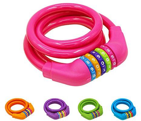 GOLDPOOL Kinder-Fahrrad-Kabel-Schloss,Bunt, Hohe Sicherheit 5 Stelliges Kabelschloss, 110 cm lang, Rosa