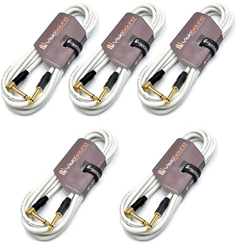 Pro Guitar Lead 6.35mm Angled Jack Instrument Cable / 5 Pack (White, 3m) | 5 x Premium Noiseless OFC Instrument Cable for Electric Guitar, Bass, Keyboard