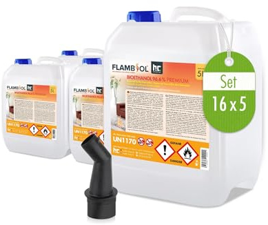 FLAMBIOL Bioethanol 96,6% Premium 16 x 5 l | Ethanol für Tischkamin, Kamin & Gartendeko für Draußen - Rauch- und Rußfrei - Aus Mais & Zuckerrüben