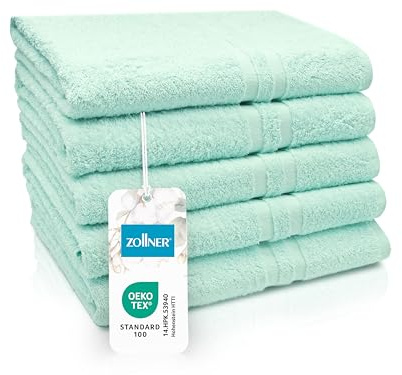 ZOLLNER 5er Set Duschtücher in 70x140 cm - Flauschige Badehandtücher aus Baumwolle - mit moderner Streifenbordüre - bis 60°C waschbar - mit praktischem Aufhänger - in Mint - Hotelqualität