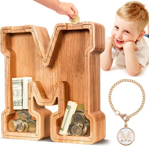 Summidate Spardose für Kinder Junge, Personalisiert Holz Großes Sparschwein, Unzerbrechliches Buchstabe A-Z Sparbüchse für Kinder Mädchen, Erwachsene, Geschenk&Dekoration
