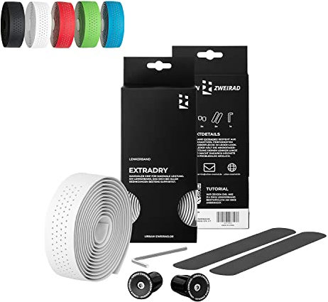 URBAN ZWEIRAD Premium Extra Dry - Fahrrad Lenkerband Rennrad weiß - Griffband selbstklebend inkl. Alu Lenkerstopfen - Gravel, Rennrad Lenkerband