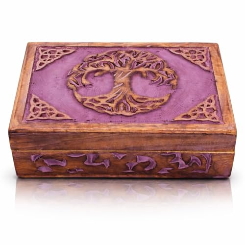 Tolles Geburtstagsgeschenke Handgemachte dekorative hölzerne Schmuckkasten Baum des Lebens Carving Schmuck Organizer Andenkenkasten Schatztruhe Schmuckstück Halter Aufbewahrung Schloss Box (Violet)