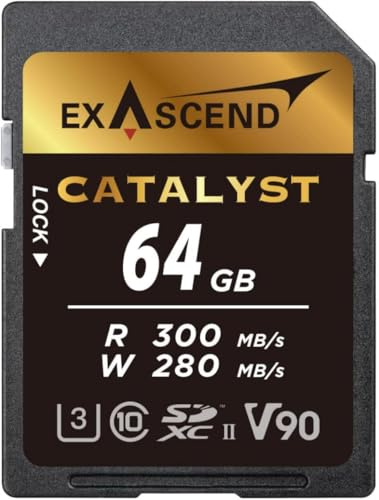 Exascend Catalyst - Tarjeta de memoria SDXC UHS-II V90 de 300 MB/s, 64 GB, calidad cinematográfica, 8K UHD de hasta 280 MB/s, velocidades de escritura, 300 MB/s de lectura UHS-II, clase 10, U3, V90 SD