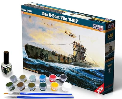 Mistercraft Modellbausatz U-Boat VIIC U-617 Maßstab 1:400, Plastikbausatz, Bausatz zum Zusammenbauen, Inklusive Klebstoff, Kunststoffmodell, Bauanleitung, Set mit Farben, 168.0mmx15.5mm