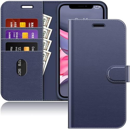 JETech Wallet Hülle für iPhone 11, Navy | Stoßfestes PU-Leder, Kartenhalter, Magnetischer Flip-Deckel, Ständerfunktion