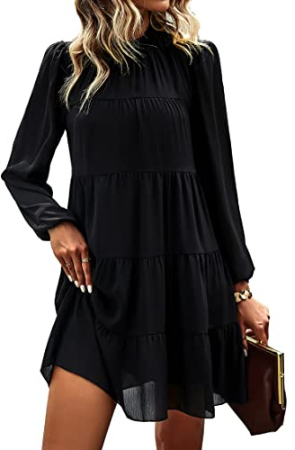 KIRUNDO Women's 2026 Fall Long Sleeve Baby Doll Dresses(Black, XL)
