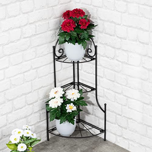 Spetebo Metall Blumenregal schwarz mit 3 Ablagen - 65 x 23 cm - Pflanzen Eckregal für Außen und Innen - Garten Deko Blumen Eck Regal Pflanzentreppe Pflanzenständer klappbar