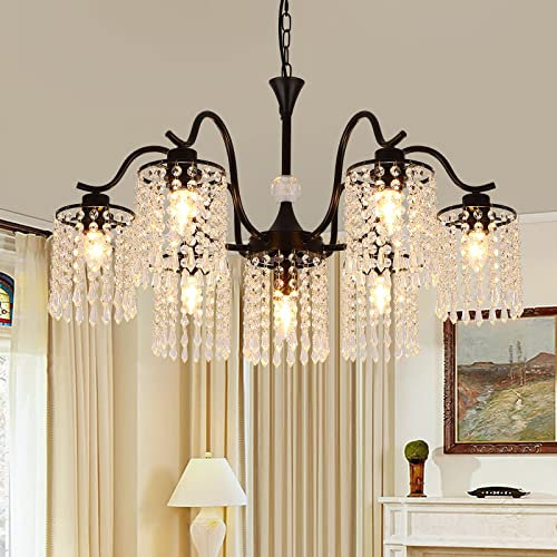 Ganeed Lampadario di cristallo moderno Lampadario in metallo opaco Lampada in stile country francese appesa ad alta regolazione con pendente paralume a goccia d'acqua nero 7 luci