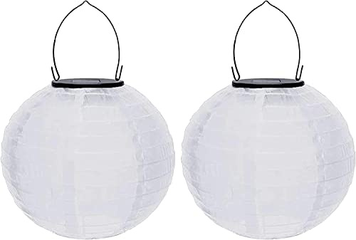 Youning Lampions Außen Wetterfest Solar LED Laterne Wasserdicht Hängende Solar Lampion für Außen 30cm Solarlaterne Outdoor Deko Nylon Papier Laterne Runde Gartenlampions Außenlaternen (2PCS/Weiß)