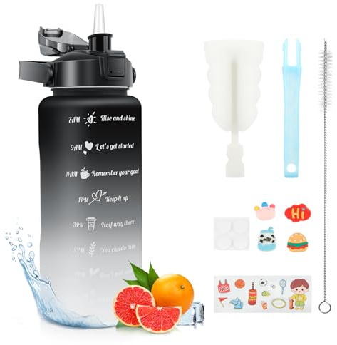 KETIEE - Borraccia da 2 l con cannuccia, senza BPA, con segnatempo, a tenuta stagna, per sport, fitness, campeggio, yoga, nero/grigio