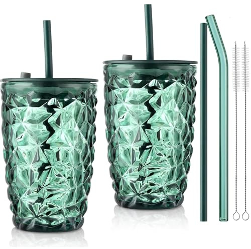 Joeyan 430 ml Grün Trinkbecher mit Deckel und Strohhalm,Glas Bubble Tea Becher Trinkgläser mit Diamant Design,Eiskaffee Gläser Tassen,Smoothie Saft Boba Wasser Tumbler Cup,2er Set,Spülmaschinenfest