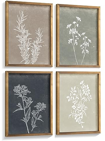 Liswit Framed Boho Wall Art Set of 4 for Wooded Minimalist Botanical Print Wall Art for Rustic Vintage Farmhouse Home Kitchen Wall Decor (Brown, 8x10)